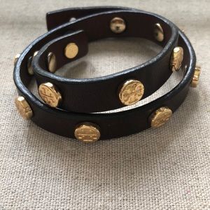 Tory Burch Brown Double-Wrap Logo Stud Bracelet